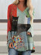 Cartoon Cat Bag Print V-neck Long Sleeve Ins Plus Size Blouse - Green