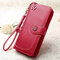 Women Trifold Oil Wax Leather Long Purse Solid Vintage Phone Bag 13 Card Holder Clutch Bag - Wine Red
