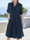 Women Solid Lapel Button Up Shirt Dress With Sleeve Tabs - Dark Blue