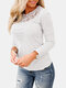 Solid Color Hollow Out Lace O-neck Long Sleeve Blouse - White