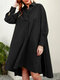 Casual A-Line Solid Color Pleated Long Sleeve Irregular Shirt Dress - Black