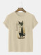 Mens Cartoon Cat Print Crew Neck Short Sleeve T-Shirts Winter - Khaki