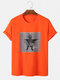 Mens 100% Cotton 3D Cat Graphic Print O-Neck Short Sleeve T-Shirt - Orange