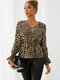 Leopard Print Elastic Waist V-neck Long Sleeve Blouse - Khaki