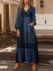Клетчатый принт Карман V-образный вырез Длинный рукав Макси Винтаж Платье - синий