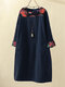 Corduroy Patchwork Print Long Sleeve Plus Size Dress with Pockets - Navy