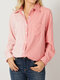 Contrast Color Stripe Pocket Long Sleeve Lapel Button Shirt - Pink