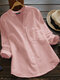 Solid Pocket Long Sleeve Button Stand Collar Blouse - Pink