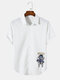 Mens Astronaut Print Letter Short Sleeve Curved Hem Shirt - White