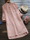 Solid Stand Collar Long Sleeve Pocket Button Vintage Dress - Pink