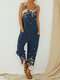 Vintage Floral Print Straps Casual Jumpsuit With Pockets For Women - Navy