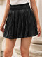 Pleated Solid Stringy Selvedge Elastic Waist Leather Skirt - Black