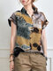 Abstract Painted Letter Plaid Short Sleeve Casual Blouse - Green
