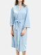 Women Pure Color Waffle V-Neck Double Pockets Robes Pajamas With Belt - Blue