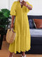 Single Color V Neck Texture Half Sleeve Ruffle Trim Dress - Yellow