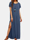 Solid Color Short Sleeves O-neck Casual Slit Dress For Women - Blue