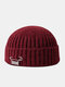 Unisex Acrylic Knitted Solid Color Letter Decorative Pin Dome All-match Warmth Brimless Beanie Landlord Cap Skull Cap - Wine Red