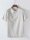 Mens Cotton Linen Thin Breathable Patchwork Short Sleeve T-Shirt w Zipper - Beige