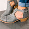 Large Size Women Pointed Toe Hollow Buckle Chunky Heel Single Ankle Boots - Grey