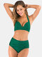 Plus Size Women Solid Color Halter Bikini High Waist Swimsuit - Green