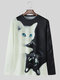 Mens 3D Two Cat Print Round Neck Loose Casual Long Sleeve T-Shirt - Black