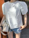 Women Solid Tie Back Puff Sleeve Crew Neck Blouse - White