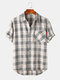 Mens Plaid Lapel High Low Short Sleeve Shirts With Pocket - White
