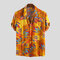 Mens Summer Ethnic Printed Stand Collar Short Sleeve Loose Casual Shirts - Yellow