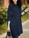 Solid Double Slit Hem Long Sleeve Stand Collar Blouse - Navy