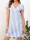Stirpe Print V-neck Hollow Short Sleeve Dress for Women - Blue