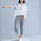 Cotton And Linen Large Size Women's Clothing Set Season Micro Fat Mm Cover Belly Shirt Calf Pants Two Sets - White