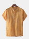 Mens Yellow Striped Printed Chest Pocket Loose Henley Shirts - Yellow