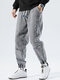 Mens Seam Detail Letter Embroidered Drawstring Waist Street Cuffed Jeans - Gray