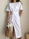 Casual Belted Solid Color Split Plus Size Cotton Dress - White