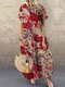Damen Allover Vintage Print Rundhalsausschnitt Baumwolle Kurzarm Kleid - rot
