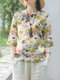 Watercolor Floral Print Crew Neck 3/4 Length Sleeve Blouse - Apricot
