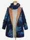 Vintage Flowers Print Fleece Hooded Plus Size Jacket Fluffy Coat - Navy