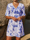 Tie Dye V-neck Button Half Sleeve Dress For Women - Blue