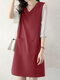Contrast Dual Pocket 3/4 Sleeve V-neck Casual Dress - Wine Red