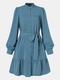 Solid Color Stand Collar Puff Sleeve Plus Size Pleated Dress for Women - Blue