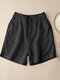 Solid Rolled Hem Pocket Elastic Waist Casual Shorts - Black