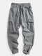 Mens Cotton Linen Solid Color Casual Drawstring Cargo Pants - Gray