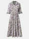 Print Lapel Short Sleeve Knotted Plus Size Dress for Women - Coffee