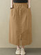 Women Solid Button Front Casual Skirt With Pocket - Khaki