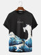 Mens Cartoon Wave Fish Print Short Sleeve White Ukiyoe T-Shirt - Black