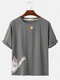 Mens Cotton Cartoon Cat & Japanese Print Solid Loose Light O-Neck T-Shirts - Grey