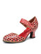 SOCOFY Black Dot Inlaid Printed Ankle Strap Hook Loop Comfy Wearable Casual Chunky Heel Pumps - Red