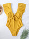 Plus Size Women Solid Bandage Front Ruffle Sleeve One Piece Swimwear - Yellow
