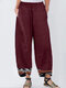 Casual Print Hem Patchwork Plus Size Pants with Pockets - Wine Red