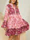 Plus Size Flower Ethnic Patchwork Bell sleeve Print Dress - Pink
